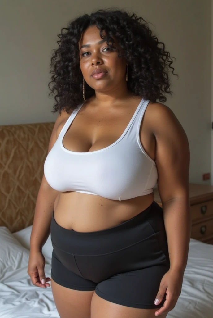 I want a realistic image of a fat black woman, wrinkled face, expression marks of advanced age, white hair, fat belly, wearing a loose white tank top and black cloth shorts 
