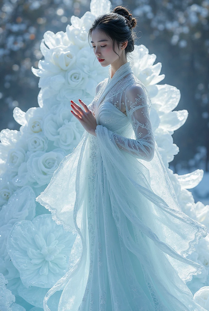 (ice - carving:1.4),Movie Angle,(Cute ice sculpture girl,Anatomically correct,full bodyesbian,Masterpiece ice sculpture camellia,Representative work Hanfu,Smile,full body arts,traditional arts,Amazing arts,sexy style, erotic art style, Chinese queen, chinese nude girl, cute girls, colorful dress,)