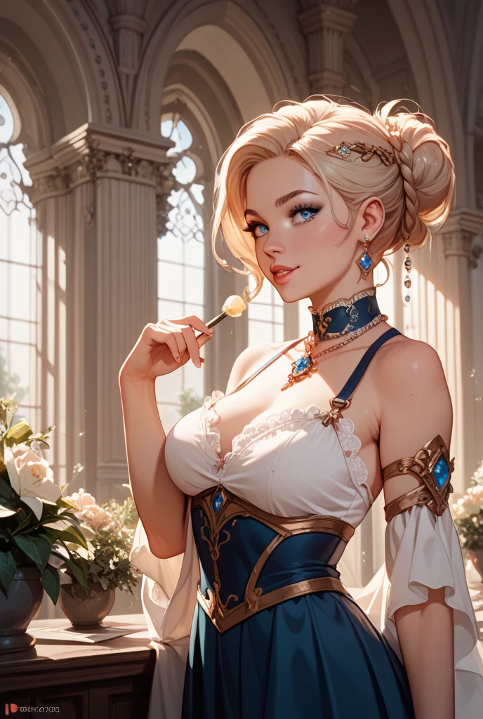 fantasy, Princess Targaryen, in the garden, a girl with white hair, in a lilac dress embroidered with gold threads of rubies and diamonds, with open shoulders, looks like Jessie Mae Lee,, hd