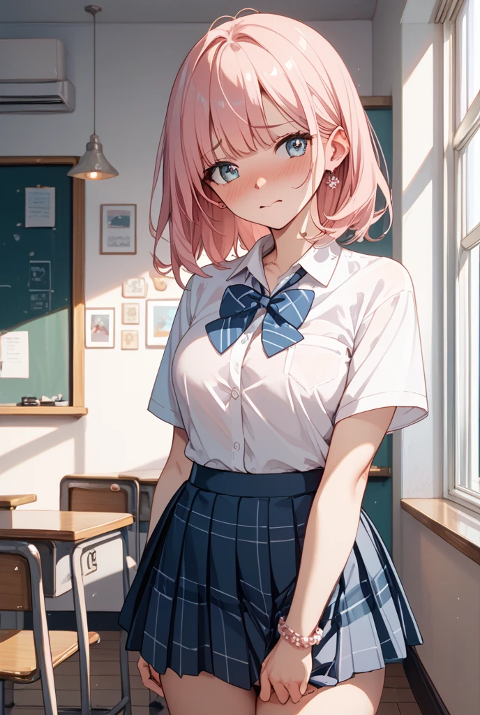 (1 girl),(Best Picture Quality, 8K, Masterpiece:1.3), (high school student:1.5), (pink lob hair:1.1), [skyblue hair:0.1], (bob cut),(swept bangs), (cute eyes, pupil black, iris skyblue, youthful face), (mole under right eye), (standard weight), (medium breasts), (glistening skin:1.1),(pale skin:1.2), ((school uniform, white short simple sleeve shirt, darkblue skirt, pink ribbon)).