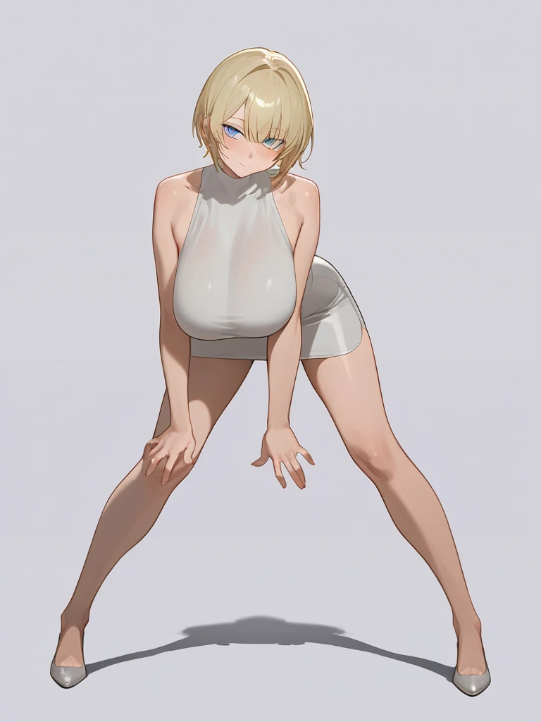 （One girl）、(short hair)、(sidelock)、((Blonde))、[[hairs between eyes 1.0]]、Futanari、((boyish))、(huge breasts)、((plump))、Princess Connect、(beautiful girl)、[Big thighs]、slant eyes、red eyes、(Satanic Priest)、(leotard)、high neck sleeveless、((thigh-high socks thighhighs))、(long gloves)、say、(Erotic squatting)、see-through