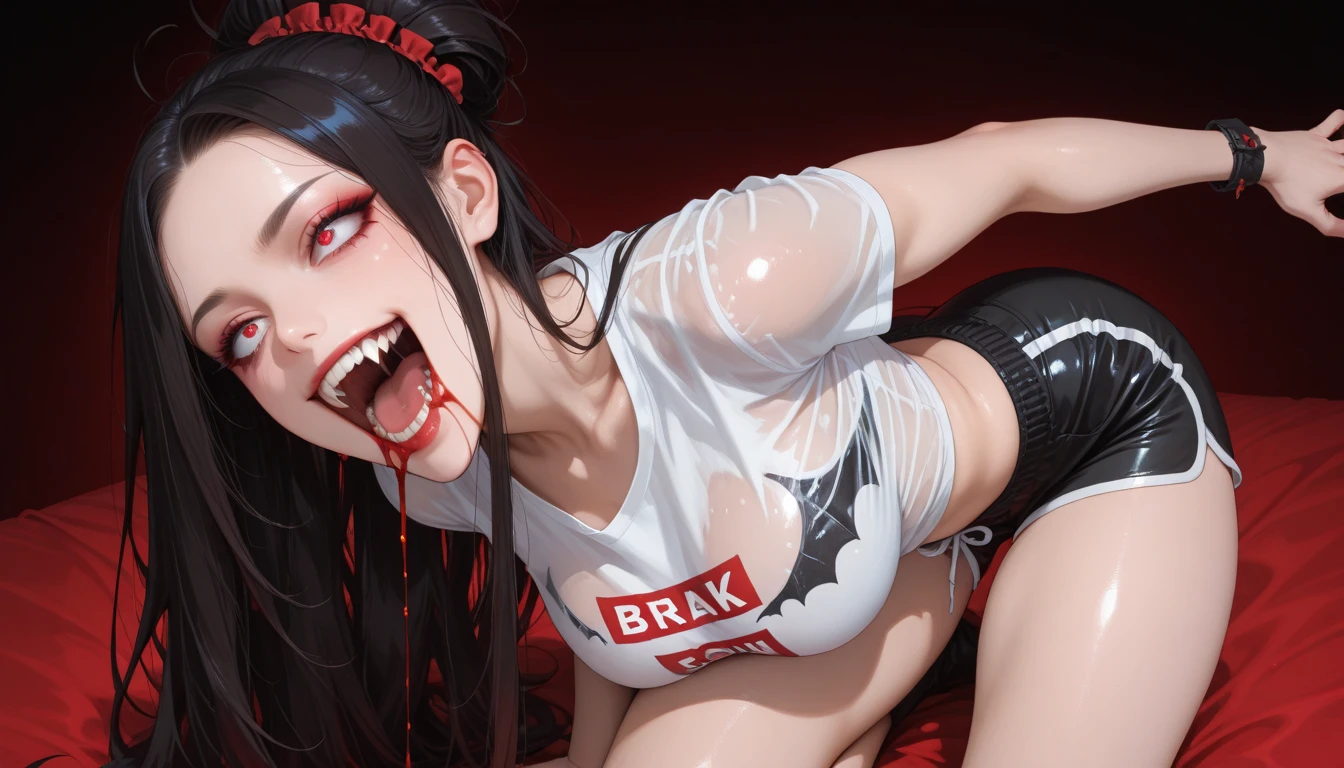 simple background, monochrome, horror (theme) there is a broken picture, black paint splatted, red blood splatted, smoked, red blood (((anime girl character))), long white hair, big boobies, push up boobies, corset