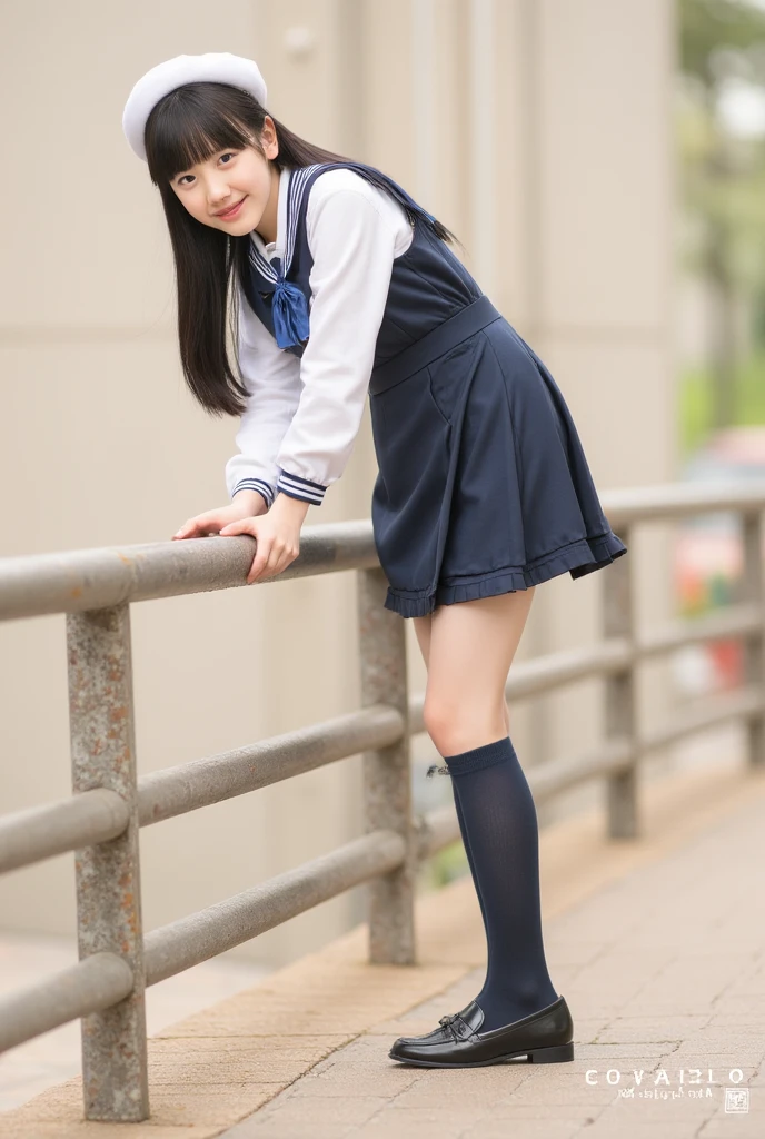 (masterpiece, top-quality:2.0), (超A high resolution), (Photorealsitic:1.4), foco nítido, (1 girl in), (smil:1.5), finely eye, face perfect, Has bangs, hi-school girl (((a sailor suit、Dark blue pleated skirt、Dark blue high socks、Loafer shoes)))、cute little、17 age、extra detailed face、Perfect face,Walking on the way to school、Waving hands、