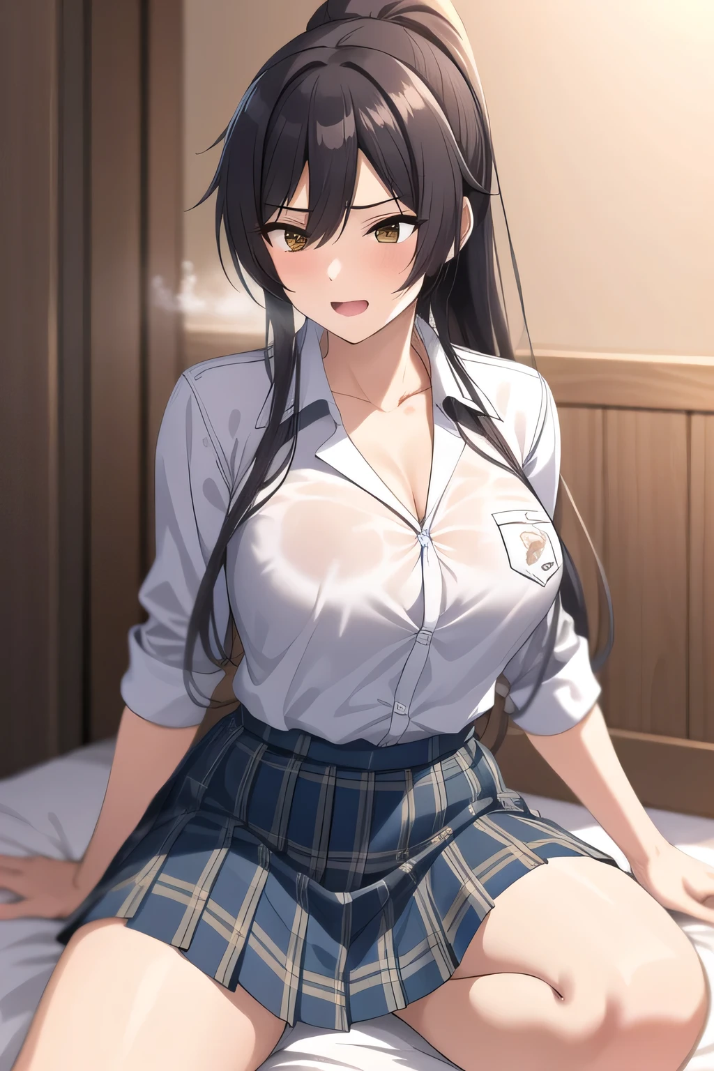 can you draw a fighting figure with a pillow,Prank、Throwing pillow女性を描けますか,I have a pillow in my hand,bedding,Throwing pillow,Inside the building,Memories of a school excursion where I playfully played with everyone,black hair long hair ponytail,uniform ,describe her hands and feet accurately,20-year-old adult female,face is absolutely necessary,Big breasts、tight waist,Can you draw a dark blue pleated skirt,please draw her expression more delicately,playfully playing with everyone ,,
