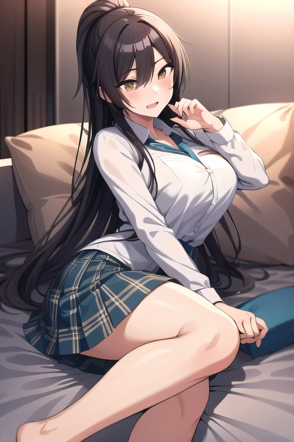can you draw a fighting figure with a pillow,Prank、Throwing pillow女性を描けますか,I have a pillow in my hand,bedding,Throwing pillow,Inside the building,Memories of a school excursion where I playfully played with everyone,black hair long hair ponytail,uniform ,describe her hands and feet accurately,20-year-old adult female,face is absolutely necessary,Big breasts、tight waist,Can you draw a dark blue pleated skirt,please draw her expression more delicately,playfully playing with everyone ,,