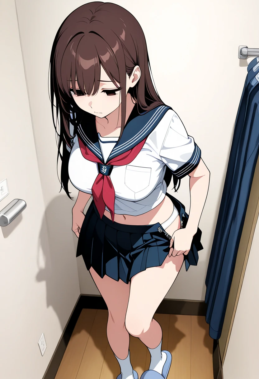 yukimi, 10., long hair, dull bangs, flat chest, No expression, shy, whole body, highest quality,  (randoseru backpack:1.4), school classroom、In underwear、angle from below、kneel down、(small area white panties:1.4)、(masturbation:1.4)、(put your hand inside your pants:1.4)、Striped pattern、embarrassing、Transparent、