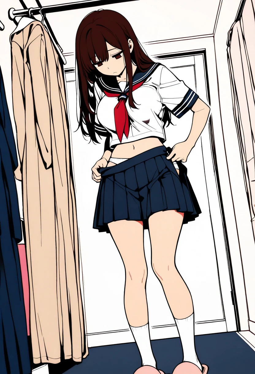 (masterpiece, high quality), 1girl, petite, flat chest, white school shirt, tie, (red panties), long hair, in a clothing store, (choosing clothes), smile, vibrant colors, best shadows, volumetric lighting, watercolor