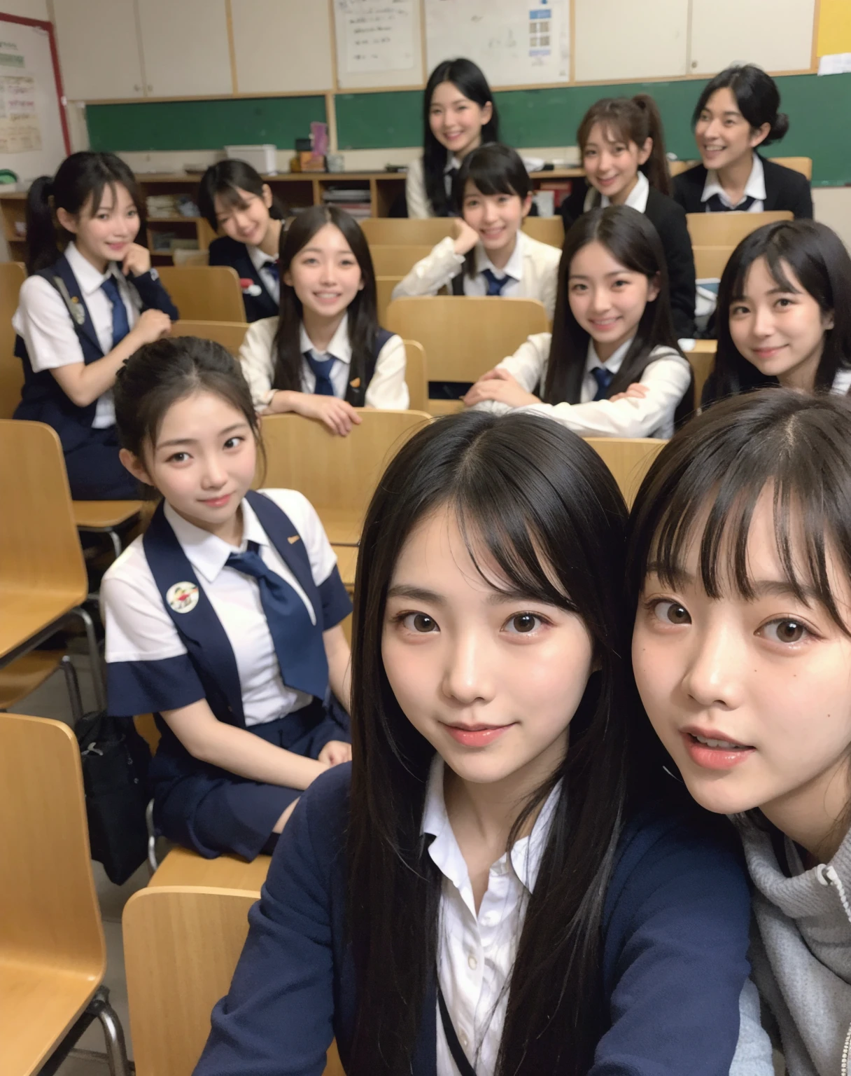 A mixed school and the students gathered in front of the school