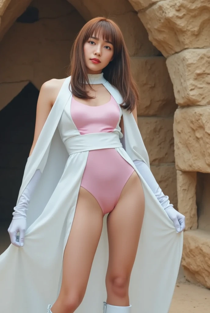 The real picture、Beautiful woman、Best image quality、ponytail、mini skirt、White panties、A fifty-year-old man takes a photo wearing pink clothes and a cape, V-neck open clothes, With cape, Smooth white tight clothing suit, Anime Girl Cosplay, Superhero Girl, Trending on cgstation, Anime Cosplay, Cute girl in a tank top, Korean Girls, Shahi, Chen Xintong, Wenfei Ye, Wearing a two-piece swimsuit