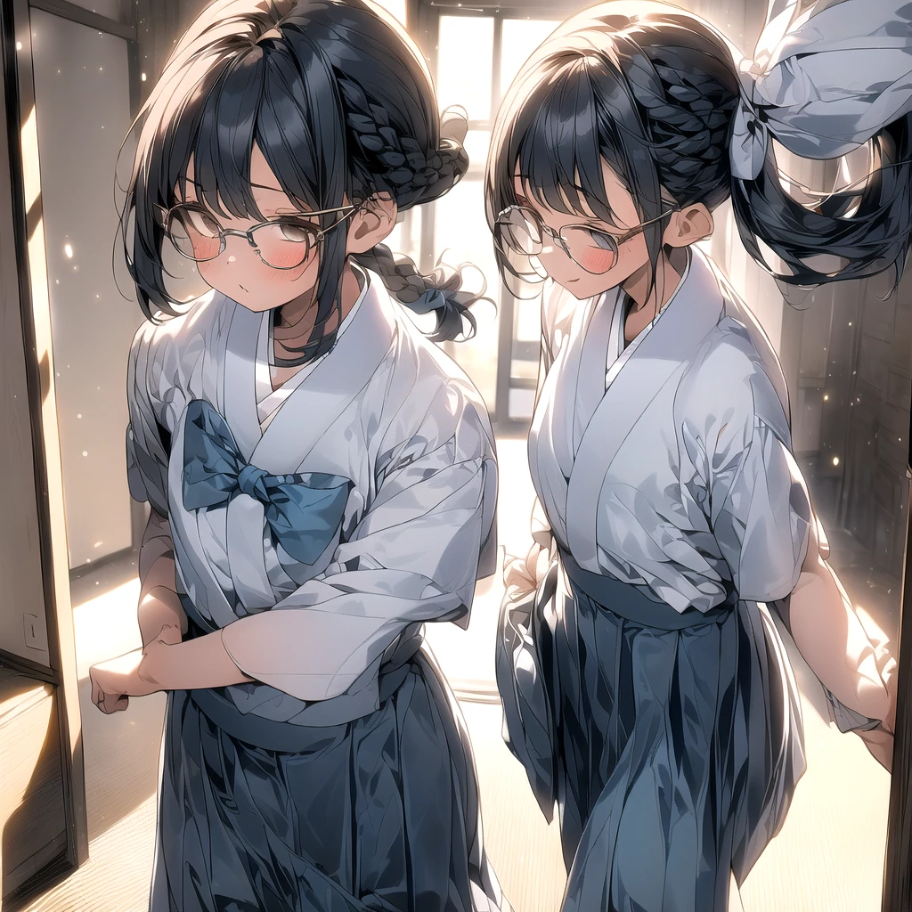 Pillow Fight, 3girls,Junior Student,Blue Skirt,White Shirt,Lora:0.5,cute face,Wearing glasses: 0.3,Hair color is random:(black, light black, dark brown, brown),hairstyle is random:(Bob hair, Braided hair, Straight hair, Twin tail hair, Side tail hair, Ponytail hair, Short twin tail hair, One side braided),Each person's height is random:(145-160cm),(Throwing pillows or holding pillows),),Thrown pillows:(super speed, running, electricity, motion blur, light trail,),(Background, 12 tatami Japanese room, scenery, tatami, sliding door, indoors, 6 to 12 pillows in the image),The image of the illustration is fun, powerful, and lively,
The composition is powerful and bold,The room and people are seen from a slightly above-ground angle,score_9,score_8_up,Qscore_7_up,source_anime, masterpiece, 8K, CG, uncensored,detailed background,detailed face, detailed eyes,high quality  image,