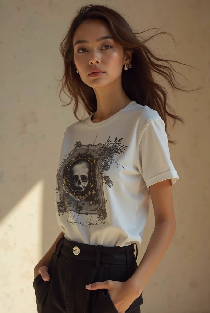 blonde woman with blue eyes wearing a black and white striped t-shirt, leaning against a fence on the side of the road, her hands are tied by chains and a small red cum near her nose, she is looking at the camera, ultra realistic photo.