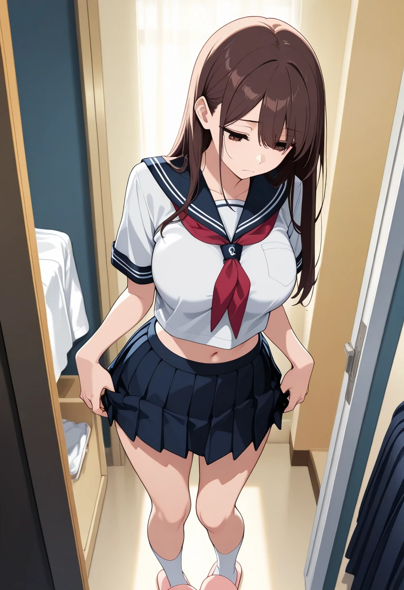 , serafuku, kamiyama high \(hyouka\), black skirt, long sleeve, black sailor collar, ((table top, highest quality, High resolution, nffsw, perfect pixel, 4k, nffsw, nffsw))), 1 girl, single, alone, beautiful woman、I could see the whole body、 ((middle wave hair, bangs, brown hair)), ((brown eyes, beautiful eyelashes, realistic eyes)), ((detailed face, blush:1.2)), ((smooth texture:0.75, realistic texture:0.65, realistic:1.1, Anime CG style)), medium breasts, dynamic angle, perfect body, A classroom with no people、classroom、evening、((back view、look back、side boob))、Very embarrassing panic smile、(lift the skirt with your right hand:1.3、Massage your chest with your left hand、)、(((show panties:1.5))), stick out one's butt:1.5