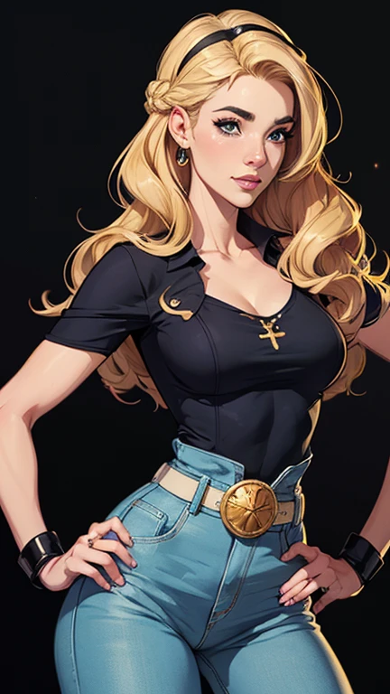 mulher de 35 anos, very long blonde hair down to the waist and half curly with bangs, seios pequenos, olhos grandes com um brilho apaixonado, olhos verdes mel, Um lindo sorriso, wearing a long black t-shirt with a green feminine suit and jeans, in a serious and sweet comic-style pose, alta qualidadePersonagem mulher estilo atompunk Fiona rainha Anna de Arendelle com marcas de guerras Imagem de desenho animado de uma mulher .Ilustra??o estilo desenho animado, estilo de arte dos desenhos animados, estilo de arte dos desenhos animados, digital illustration style, estilo atompunk design de personagens altamente detalhado, arte digital detalhada coragem, Forest fan art, Design de personagens de retrato, beautiful digital illustration, retrato de alta qualidade, Arte em quadrinhos, mulher jovem cabelo com transas lindas . Queen Anna of ArendelleBeautiful lined eyes Medium large bust and wonderful sexy clothes. image expression of sexual desire from waist to head illustration Queen Anne of Arendelle atompunk style Fallout 4 style pose playboy magazine sensual witch Character cartoon style facial expression happy beautiful smile and six medium small portrait mode waist up with lots of gold around her other stones precious portrait mode waist up queen of the south Jennifer Connelly GTA scenery dominatrix gold coins chest with jewelry with her boyfriend, um homem com barba preta, armado com um estilo militar,