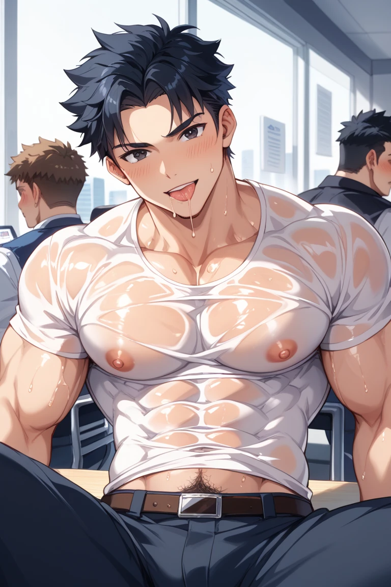 best quality, masterpiece, extremely detailed, close up of muscular bodybuilder man, long curtain bangs, sweaty, glistening skin, wearing a crystal pendant, sexy see-through jockstrap, bulging, bushy pubic hair, wearing opened off-shoulder white tracksuit jacket, exposed torso, white tracksuit pants pulled down, in gym locker room, very cheeky smirk, ambient lighting, extremely dramatic shadows, perfection, no watermark, no logo, no signature
