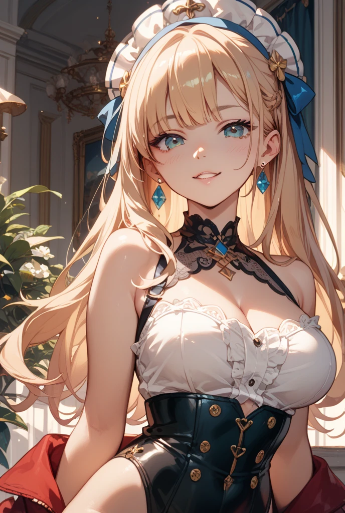 masterpiece、Highest quality、High resolution、High-quality images、8K, 18 year old adult female、Skin Radiance、Texture of skin and clothing、Expression of fine eyes、Shiny blonde hair、Long Hair Girl、dress, Beautiful bright light blue eyes, Fuller lips, Gorgeous face with attention to detail, (Cute Smile), charm, Innocent, (Perfectly detailed face), (Beautiful Hands) Photorealistic images, Written boundary depth, flower、sun、Big Breasts、garden、、Feather ornament、White clothes、goddess