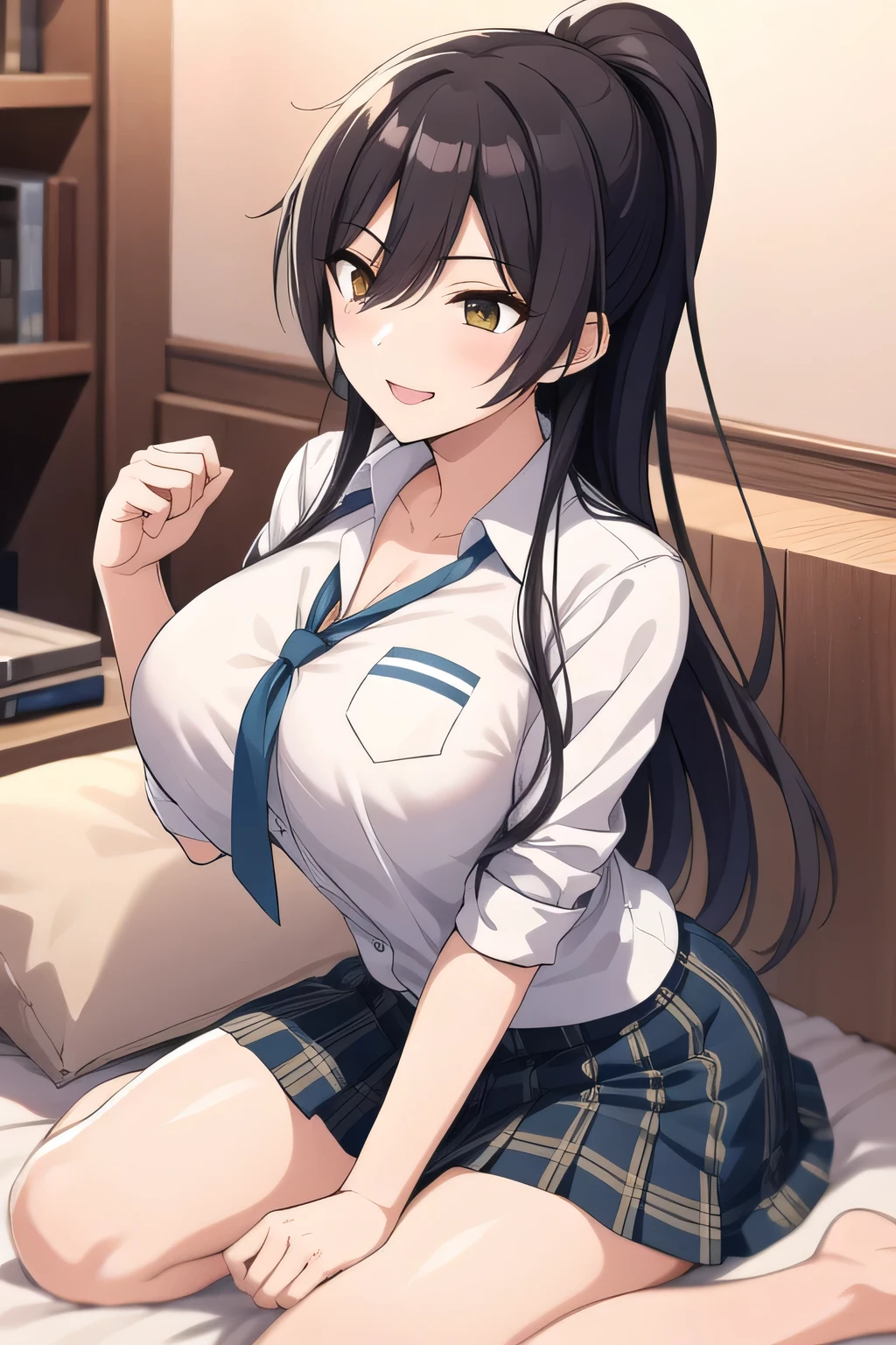 could you draw a woman throwing more and more pillows、Smiling lovely woman，playfully with everyone，Naughty、Throwing pillow女性を描けますか，I have a pillow in my hand，bedding，Throwing pillow，Inside the building，Memories of a school excursion where I playfully played with everyone，black hair long hair ponytail,uniform ，Can you draw me fighting with pillows that accurately depict her hands and feet，20-year-old adult female，face is absolutely necessary，Big breasts、tight waist,can you draw a dark blue pleated skirt,please draw her expression more delicately，playfully playing with everyone    ,，