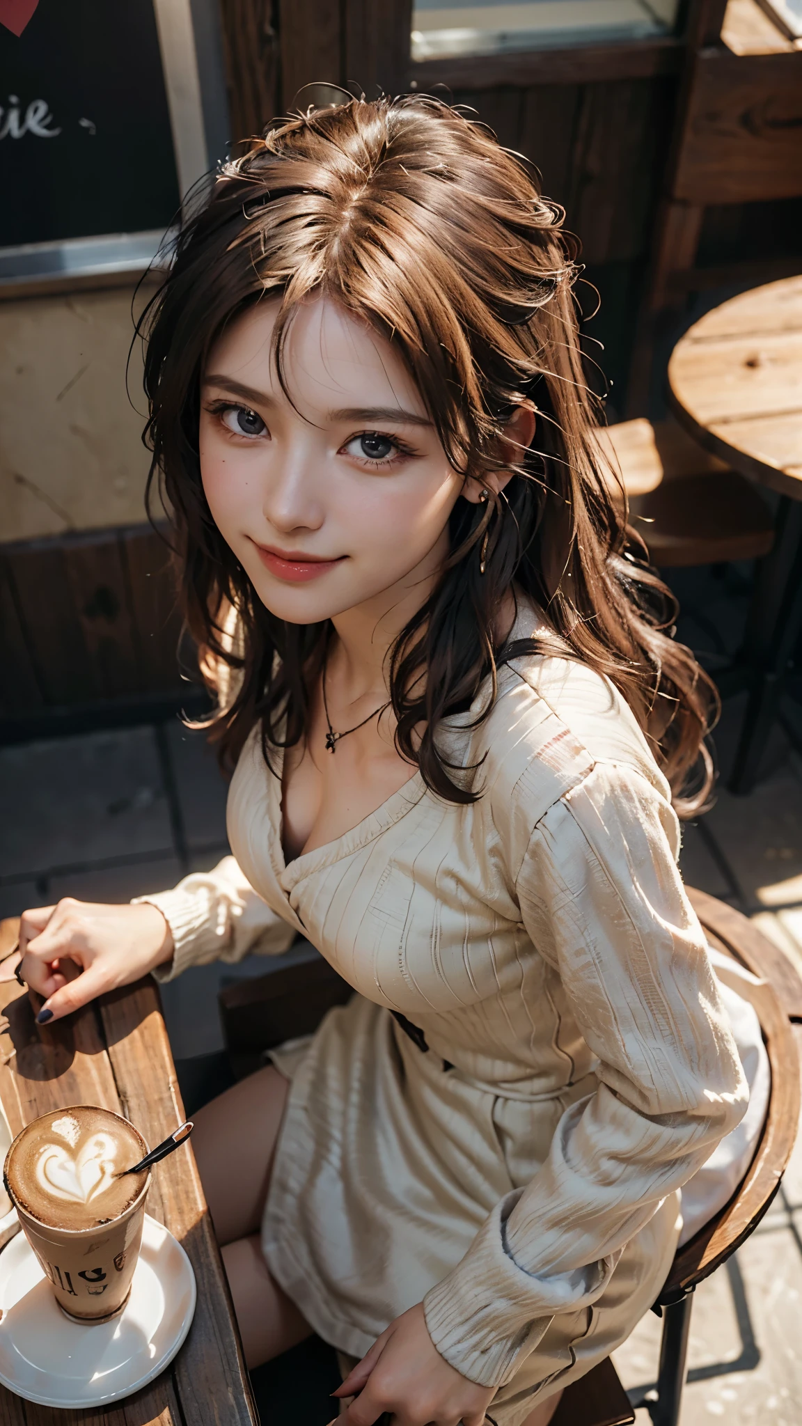 (highest quality: 1.3), High resolution, Super detailed, High resolution CG Unity 8k wallpaper, realistic, photorealistic, RAW photo, detailed beautiful face, fine fabric texture, detailed hair texture, fine texture, Accurate, anatomically correct, Detailed face and skin texture, one girl, cute, brown hair, ((curly hair、red eyes、droopy eyes: 1. 2)), ((One mole under the left eye:1.1)), shiny silky hair, thick bangs, (adorable smile: 1. 2), The Witch in the Hat、sit on a chair、Looking from above、