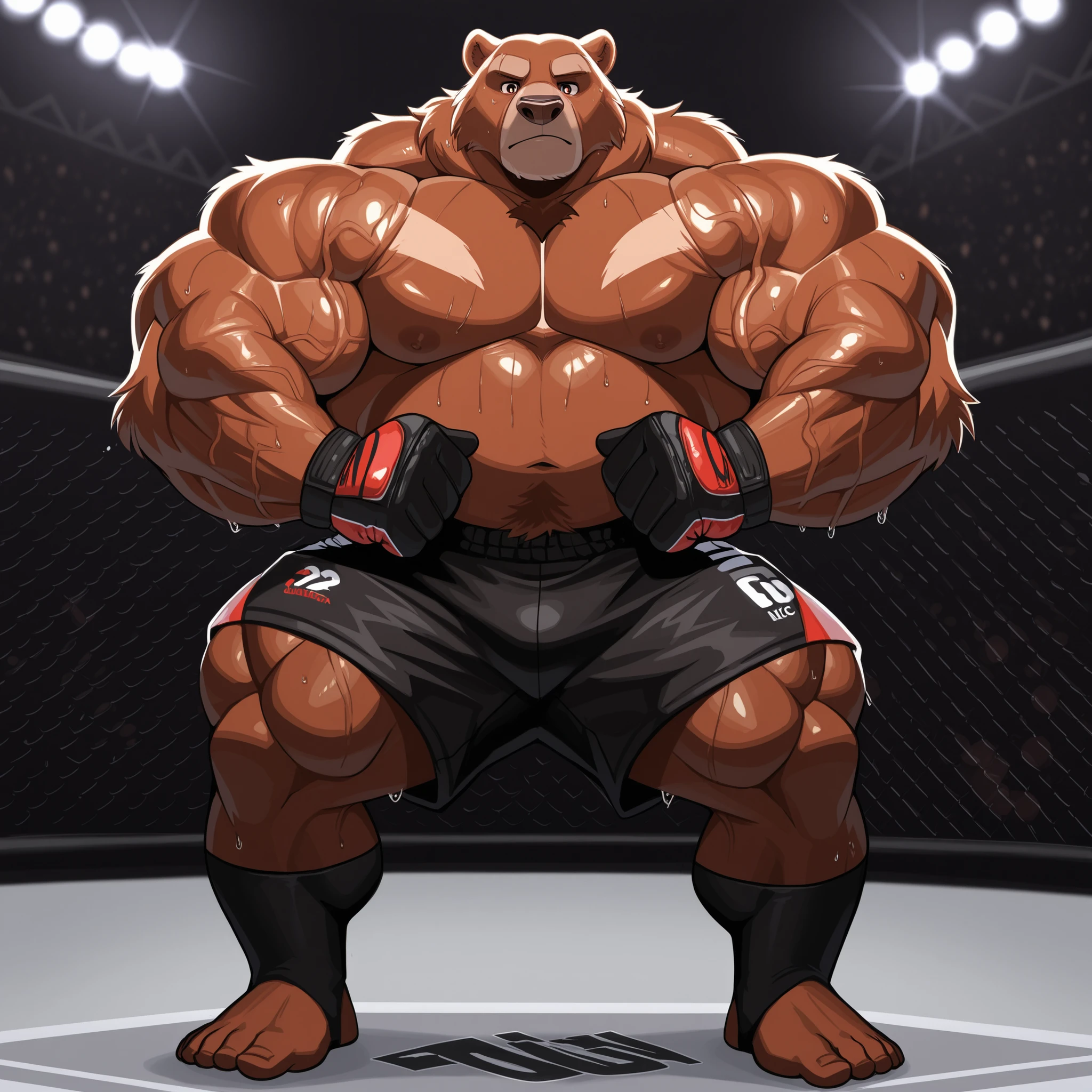 DISNEY ANIMATIONS. 8k, masterpiece, Kodiak bear, male, solo, Kodiak bear, thick swole overweight muscular, athletic, masculine, (nice eyes, eyes with pupils), UFC MMA gloves with red pads, black UFC MMA shorts with red lines, black toeless socks, UFC MMA UFC Tournament background, full sweaty thick swole body, veiny arms, bulging swole overweight muscles, (black outline), front arched huge swole muscles, height: 220cm (7’2), 254kg (595).