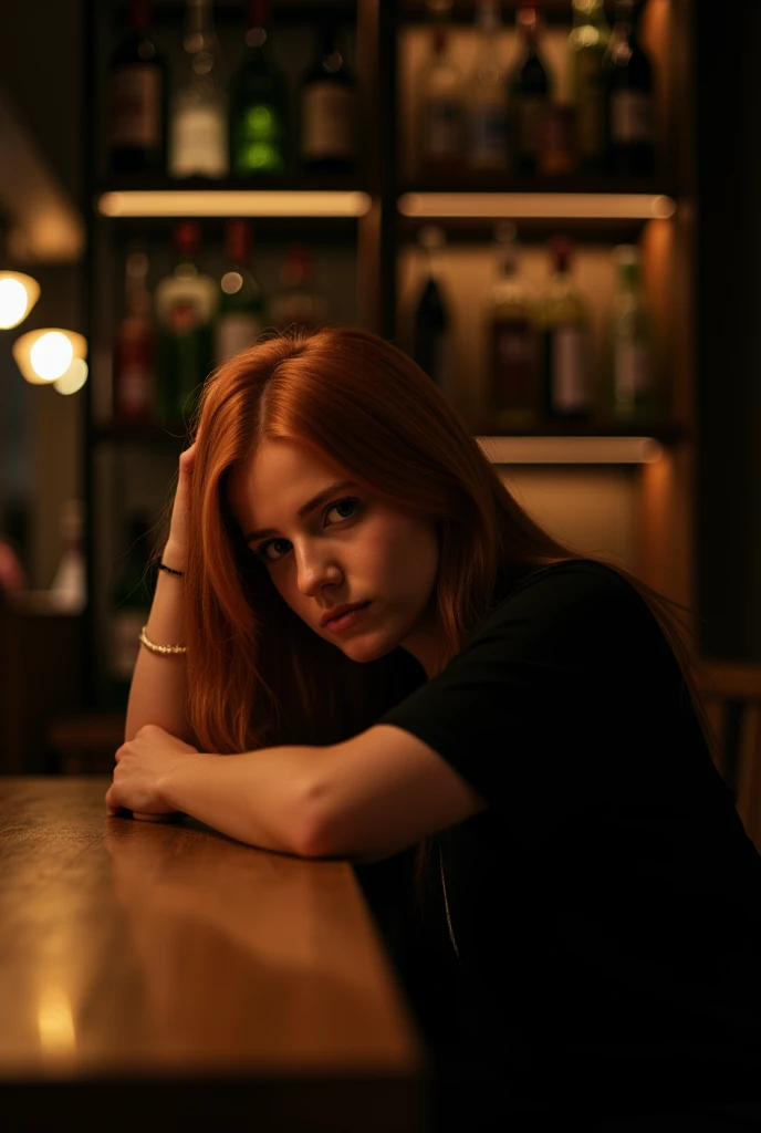 photo of a sad ((ohwx woman)) <lora:sadie_lora_sdxl_v4-000006:1> a bar, portrait, 50mm still frame from a roger deakins film