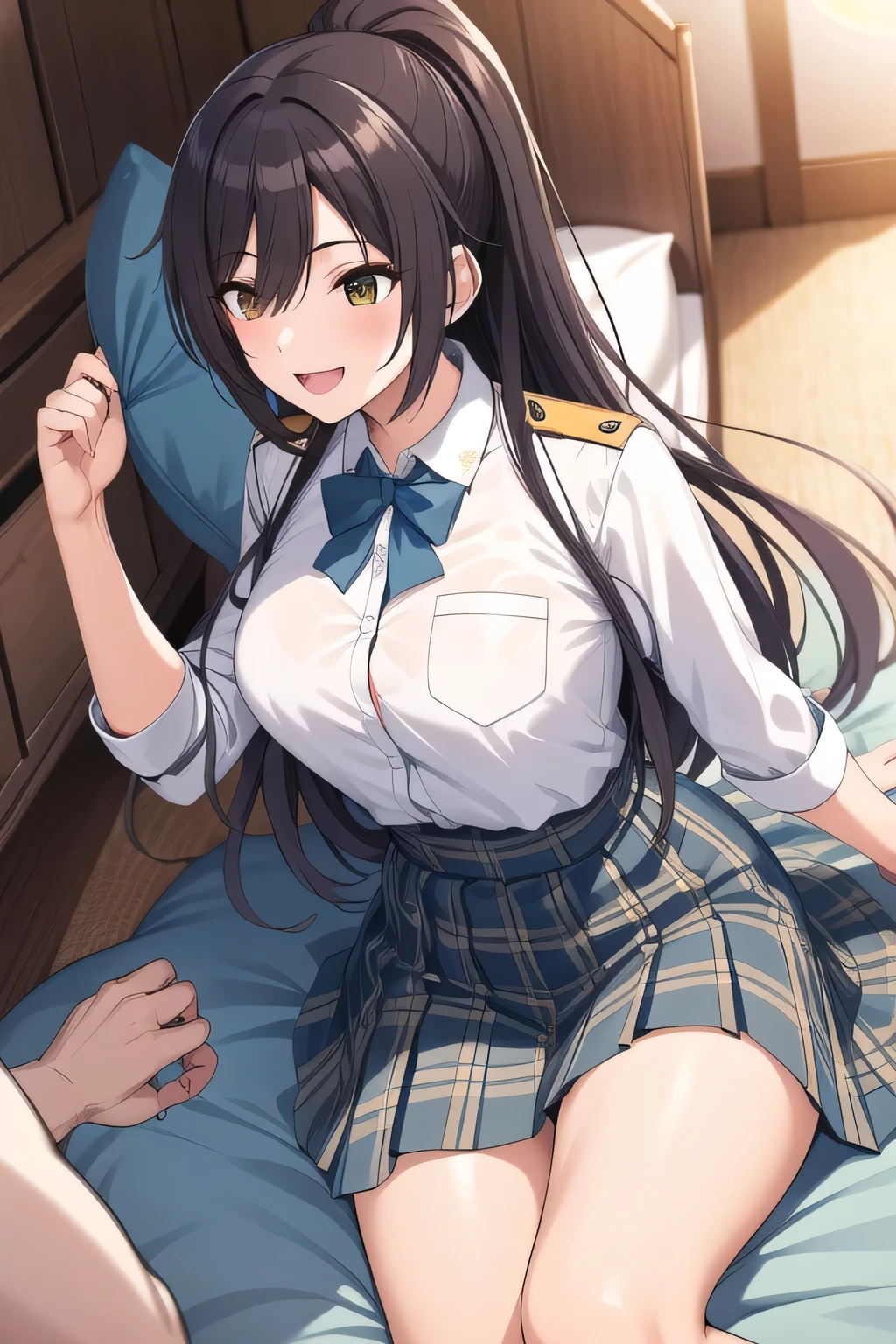 throw pillows、Smiling lovely woman,Playfully with everyone,Naughty、Throwing pillow女性を描けますか,I have a pillow in my hand,bedding,Throwing pillow,Building Interior,Memories of a school excursion where I playfully played with everyone,black hair long hair ponytail,uniform ,can you draw a woman throwing more and more pillows {x} can you draw me fighting with a pillow that accurately depicts her hands and feet,20-year-old adult female,face is absolutely necessary,Big breasts、tight waist,Can you draw a dark blue pleated skirt,Please draw her expression more delicately,playfully playing with everyone ,,