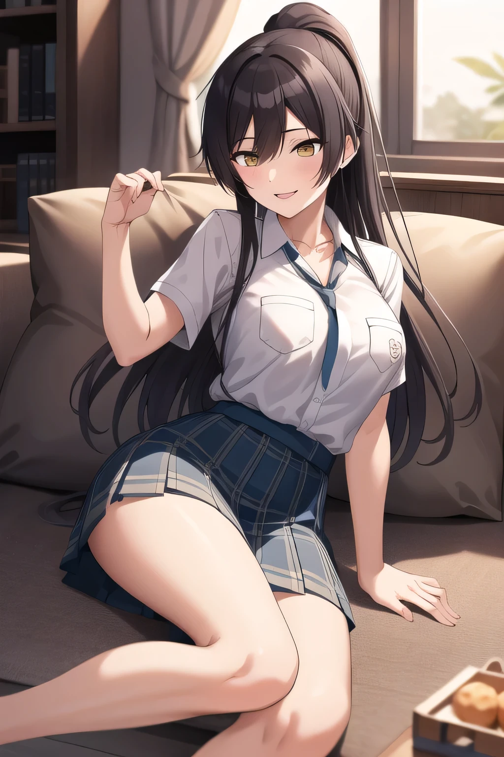 can you draw a woman holding a cushion,、Smiling lovely woman,Playfully with everyone,Naughty、Throwing pillow女性を描けますか,I have a pillow in my hand,bedding,Throwing pillow,Inside the building,Memories of a school eXcursion where I playfully played with everyone,black hair long hair ponytail,uniform ,Can you draw a woman throwing more and more pillows {X} can you draw me fighting with a pillow that accurately depicts her hands and feet,20-year-old adult female,face is absolutely necessary,Big breasts、tight waist,Can you draw a dark blue pleated skirt,Please draw her eXpression more delicately,playfully playing with everyone ,,