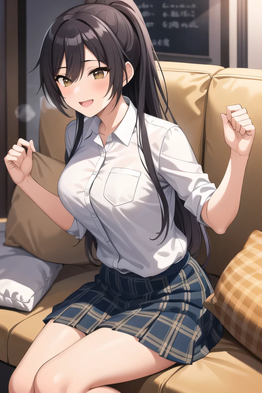 can you draw a woman holding a cushion,、Smiling lovely woman,Playfully with everyone,Naughty、Throwing pillow女性を描けますか,I have a pillow in my hand,bedding,Throwing pillow,Inside the building,Memories of a school eXcursion where I playfully played with everyone,black hair long hair ponytail,uniform ,Can you draw a woman throwing more and more pillows {X} can you draw me fighting with a pillow that accurately depicts her hands and feet,20-year-old adult female,face is absolutely necessary,Big breasts、tight waist,Can you draw a dark blue pleated skirt,Please draw her eXpression more delicately,playfully playing with everyone ,,