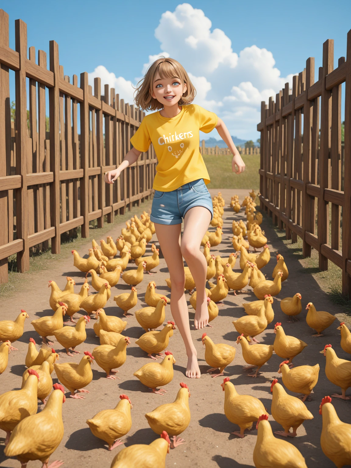1boy, little boy, 5 year old ikun, cute, running, masterpiece, chicken farm, chick, chibi, full body,