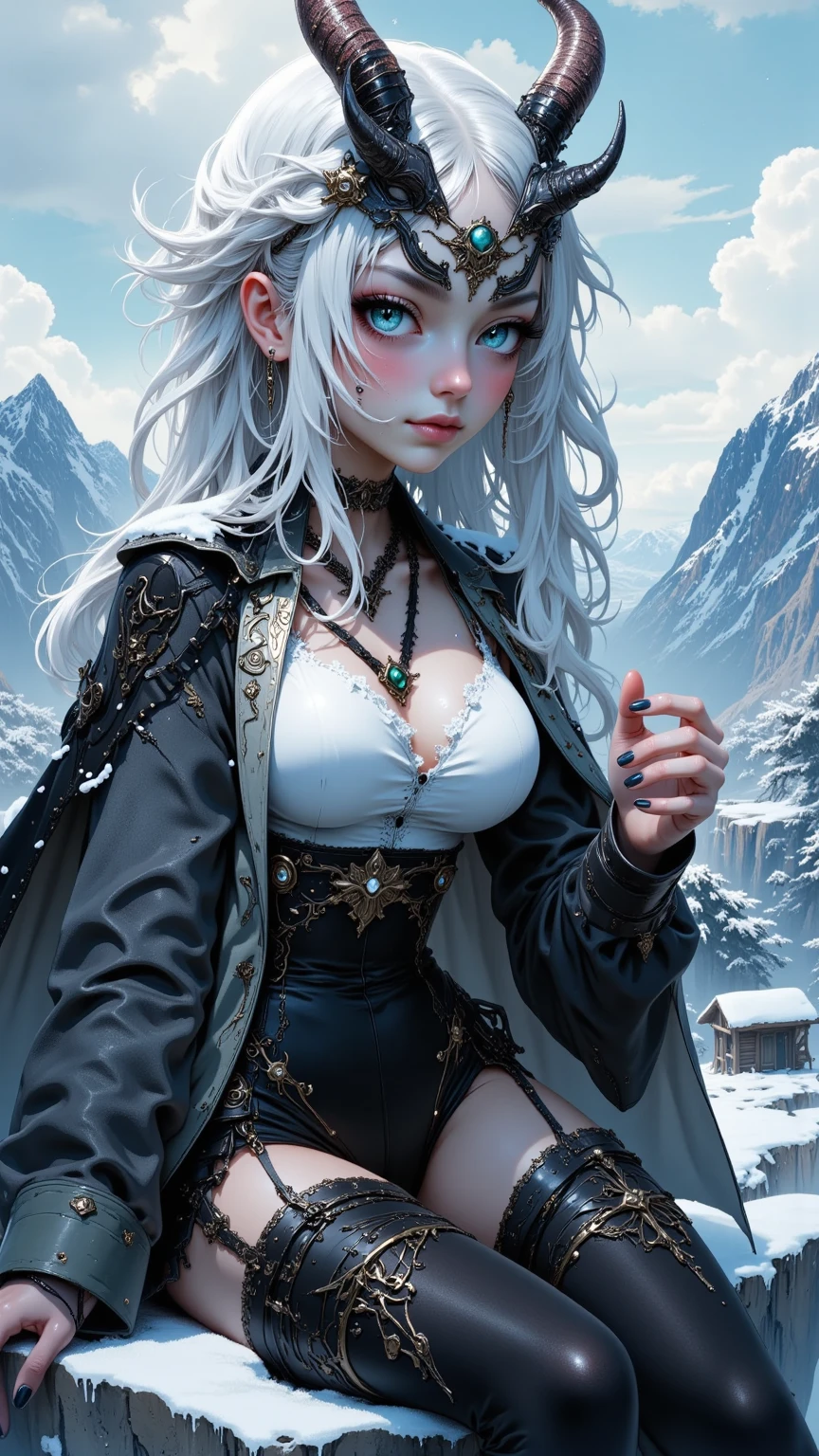 Taken with DSLR camera, Fashion Photography (Commercial) beautiful woman, outdoors, white hair with blue streaks at the end of the hair ends, fair skin, soft skin, film grain, best quality, epic photo, freckles, hairline beauty, realistic skin texture, realistic, HDR, piercings, tattoos, realistic, photorealistic, epiCRealism, art, best quality, bright lighting, high contrast, ultraviolet day, warm sunlight, warm tones, long hair, pretentious smile, smile , she is standing, looking at the viewer full body, she is in a snowy scene she is making a snowman and she is wearing cold clothes
