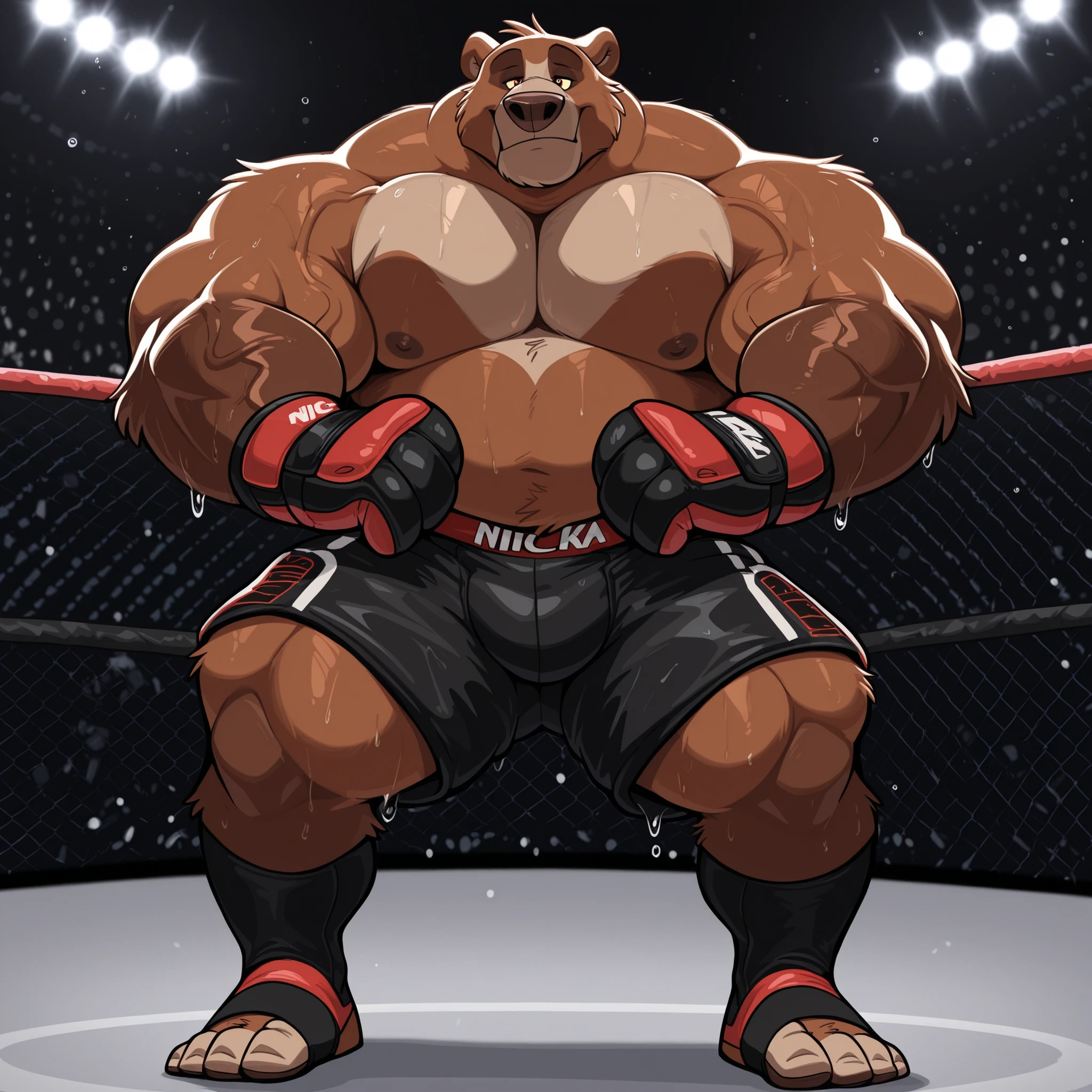 DISNEY ANIMATIONS. 8k, masterpiece, Kodiak bear, male, solo, Kodiak bear, thick swole overweight muscular, athletic, masculine, (nice eyes, eyes with pupils), UFC MMA gloves with red pads, black UFC MMA shorts with red lines, black toeless socks, UFC MMA UFC Tournament background, full sweaty thick swole body, veiny arms, bulging swole overweight muscles, (black outline), front arched huge swole muscles, height: 220cm (7’2), 254kg (595).