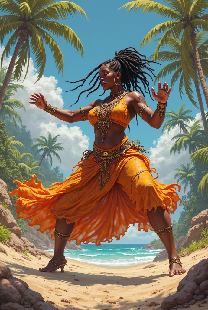 Athletic, muscular woman, ethic, exotic, with small breast, deep brown skin, dark_skin, shaved, bald, barefoot; African, hippie, boho style; dressed in primitive rags, loincloth, nature colors, minimalist clothing, palm leave skirt, headshaved, hairless, sfw