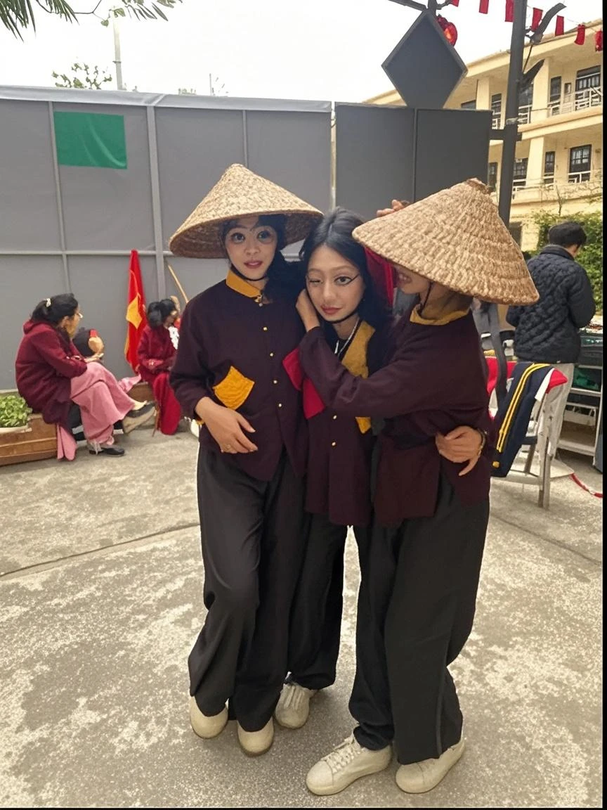 two women in traditional clothing standing on a dirt road, in the style of sifu 🔥 😎 🕹️ 👀 :2, 📷 mungojerrie and rumpleteazer, old picture, with a twin, traditional clothes, student, taken in 2 0 2 0, nivanh chanthara, wearing simple robes, wearing black robes, two girls