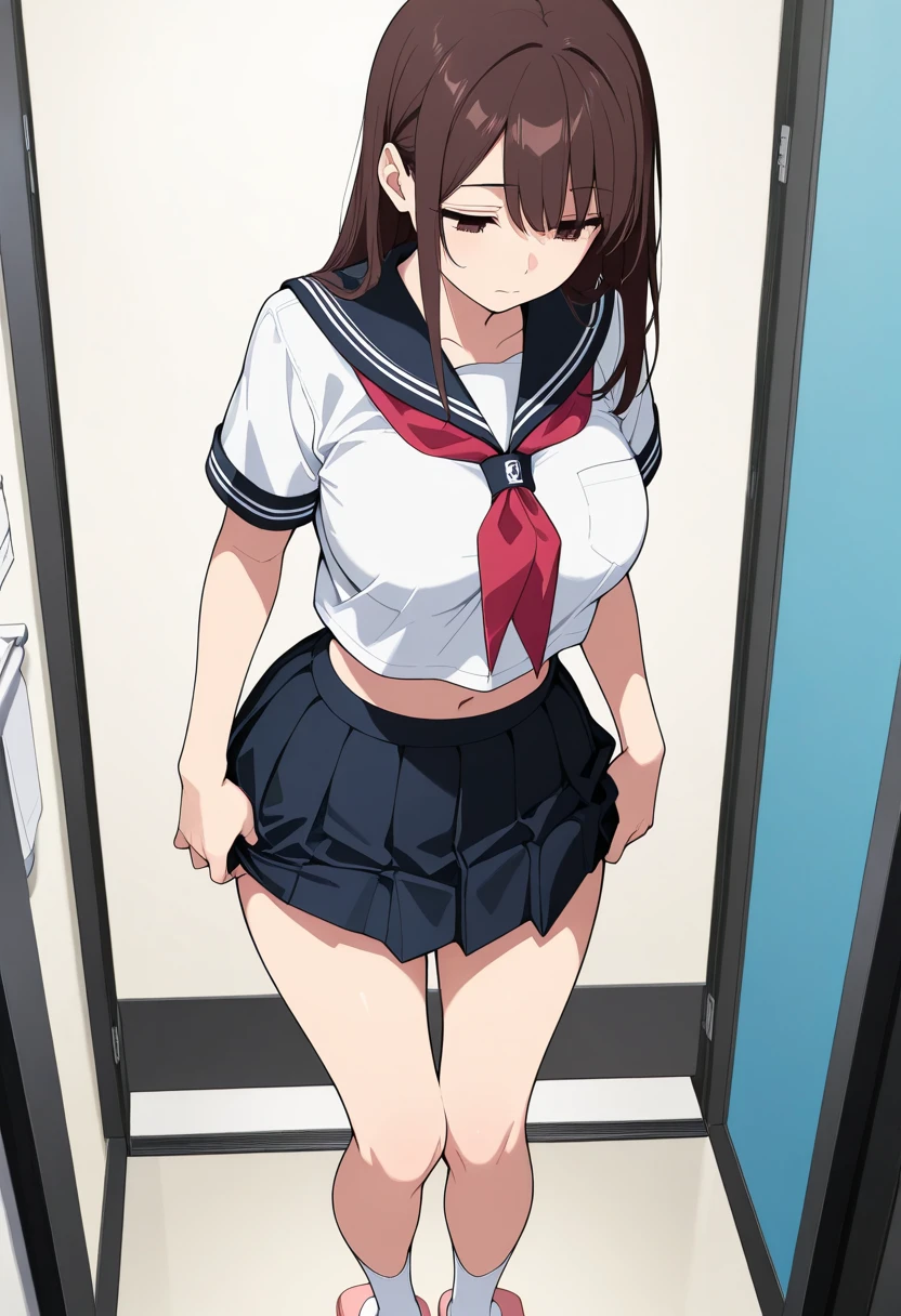 [anime styled]],[[digitalart]],1girl,solo,(portrait),Tomomi_saikyou,black hair,Short hair,bob cut,hair ribbon,midium build,1girl in,short torso,anime screen cap,cel shading,smile, blush,(strong light),((brighten the subject)),classroom,standing,uniform,short sleeves,summer uniform,((upskirt)),((skirt lift)),(tucking up the skirt),(white panties)