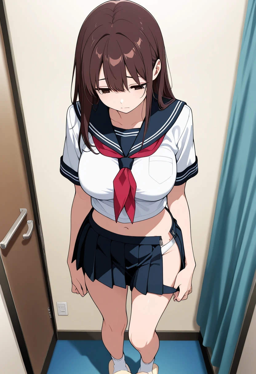 (NSFW:1.1), realistic, photo realistic:1.2), ((highest quality)), beautiful face details, real human skin, gentle expression, realistic, photorealistic, move the center of gravity backwards, pretty embarrassing, nadeko01, medium hair, brown hair, brown eyes, bangs, blunt bangs, Shirtless, (Navy Blue Bloomers:1.3), brm, cowboy shot, Hands on breasts, Tiny Breasts, Walking, town, street