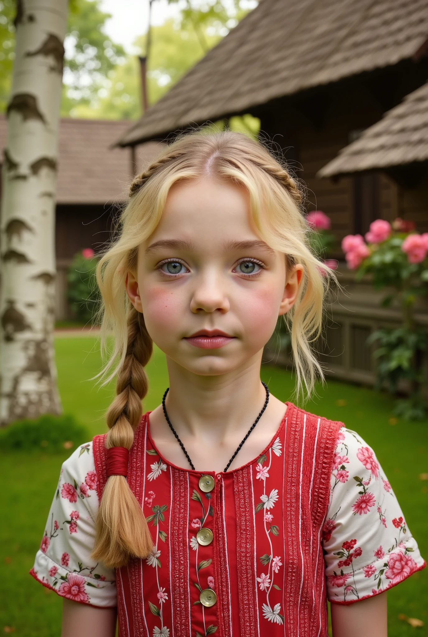 Emma Myers foto crua,(a blonde girl in a red white dress,Braid,Stay outdoors in Russian wooden village, summer,Domingo,flores, birch trees ,(Tom de Pele)), obra-prima, fotografia premiada, luz natural, perfect composition, alto detalhe, super realista
