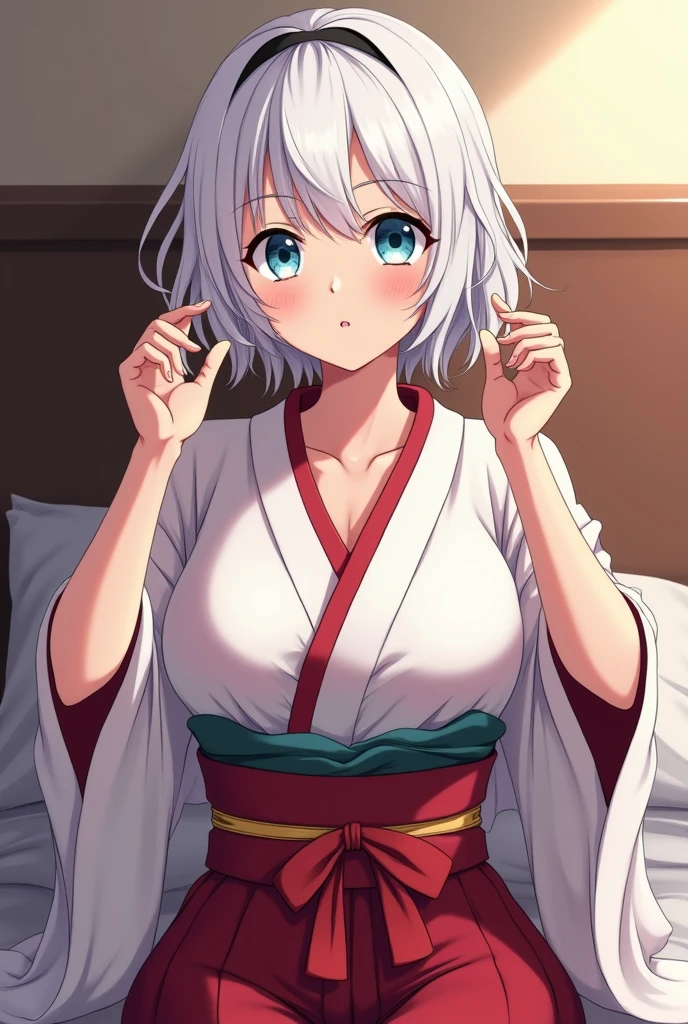 (masterpiece)), ((top-quality)),((Vivid light and shadow depiction)), (The ultra-detailliert), ((kawaii)), cute little, (Detailed body line depiction), ((detailed face depiction)),((ighly detailed)), 4K、 (8K), top-quality, (Beautiful fece),(((World-class quality))), ighly detailed, hight resolution,(((独奏))),((((blue green hair)))).((((shinny hair)))),(((White and beautiful skin))),(((Detailed udder))), (((Beautiful blue-green eyes))),(((Short bob hair)))),(((Ahoge))),normal breast、(((Bold poses)))、(((red blush))),(((Shameful smile)))、(((Looking up from your feet)))、(((composition seen from below)))、acrobatic pose、((Hair flutters in the wind))、(((In a dark love hotel room))),(((full of sweat)))、(((open the legs widely))),((Detailed crotch depiction))),(((Used condoms scattered)))、(((Used condoms are attached to the body))),(((lying back))).(((Open your crotch)))、(((Emphasis on the crotch)))、(((dripping white liquid on the body))),(((Take off your panties up to your ankles)))、((((cum on hair ))),(((Detailed navel depiction))),(((cum on facial))),(((Fall back and raise your legs)))、(((On the red bed)))、(((Close-up of the crotch))),((((Wearing a white kimono and red hakama naked and opening the front)))