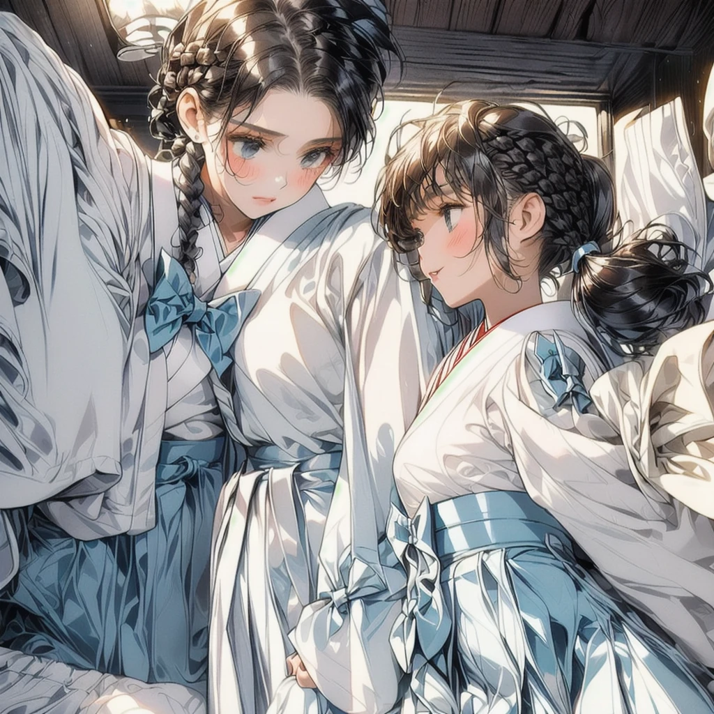 Pillow Fight, 3girls,Junior Student,Blue Skirt,White Shirt,Lora:0.5,cute face,Wearing glasses: 0.3,Hair color is random:(black, light black, dark brown, brown),hairstyle is random:(Bob hair, Braided hair, Straight hair, Twin tail hair, Side tail hair, Ponytail hair, Short twin tail hair, One side braided),Each person's height is random:(145-160cm),(Throwing pillows or holding pillows),),Thrown pillows:(super speed, running, electricity, motion blur, light trail,),(Background, 12 tatami Japanese room, scenery, tatami, sliding door, indoors, 6 to 12 pillows in the image),The image of the illustration is fun, powerful, and lively,
The composition is powerful and bold,The room and people are seen from a slightly above-ground angle,score_9,score_8_up,Qscore_7_up,source_anime, masterpiece, 8K, CG, uncensored,detailed background,detailed face, detailed eyes,high quality  image,