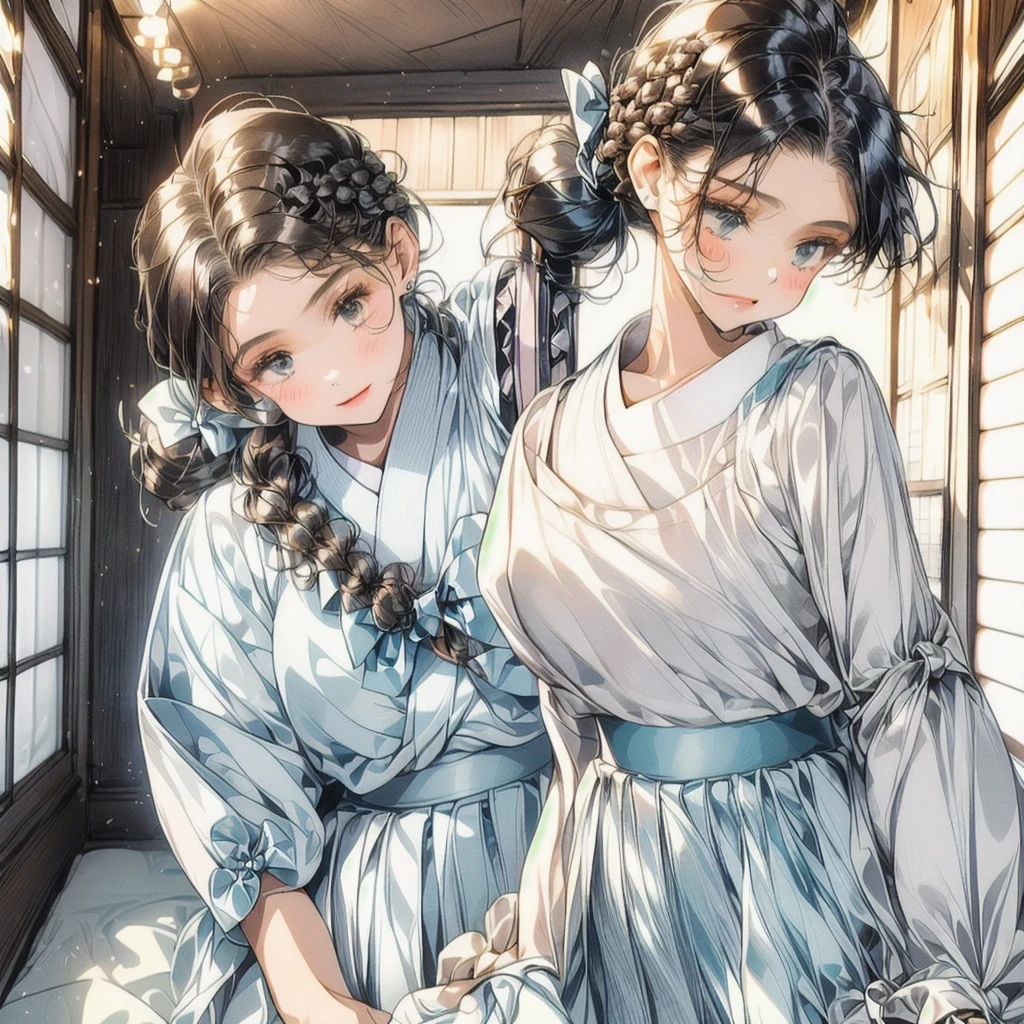 Pillow Fight, 3girls:(Student wearing uniform:(light blue skirt , long skirt , small bow , tiny bow),cute face,(Wearing glasses: 0.2),(Hair color is random:black, light black, dark brown, brown),(hairstyle is random:Bob hair, Braided hair, Straight hair, Twin tail hair, Side tail hair, Ponytail hair, Short twin tail hair, One side braided),(height is random:150-160cm),Throwing white pillows,),Thrown white pillows,(Background, 12 tatami Japanese room, scenery, tatami, sliding door, indoors),The image of the illustration is fun, lively,The room and people are seen from a slightly above-ground angle,