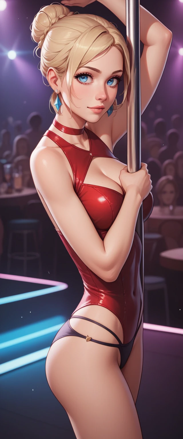 mulher com olhos verdes e cabelo loiro, rosto perfeito, with heart-shaped lips, with red lipstick at night, vestindo com uma roupa de seda vermelha com um decote em V, com um corpo perfeito, em uma festa noturna, short hair