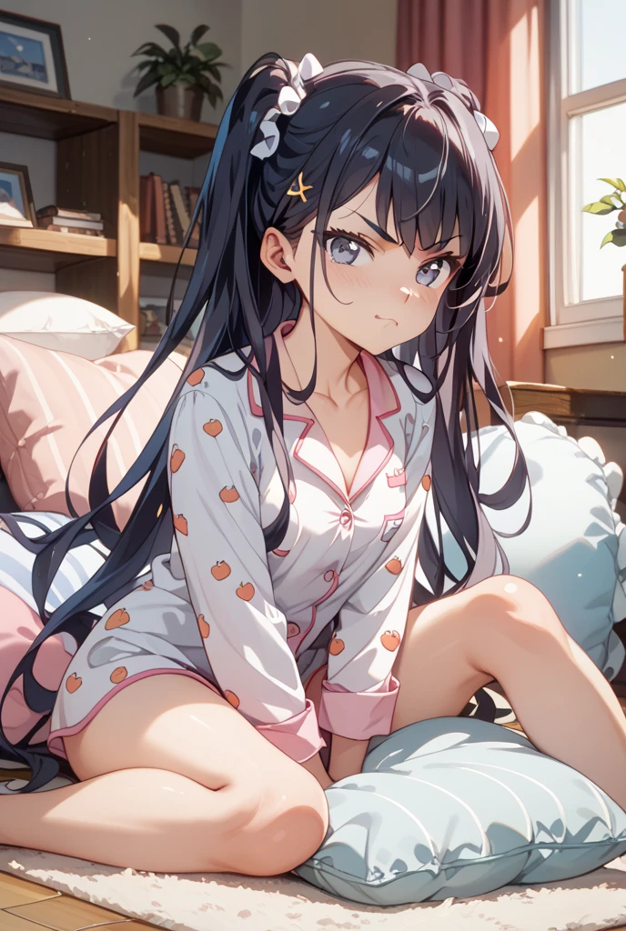 (Masterpiece, top quality, absolute resolution, real stick, realistic materials and textures, perfect anatomy), BREAK Subject: Photo girl Subtitle: Junior high school girls, thighs, small, cute, Kigurumi pajamas, panites, BREAK pink kawaii room , pink gothic room, messy room, Marchen, macarons, Candy, heart item, ribbon,star item, small window, (Miscellaneous goods are placed in a mess:1.3),dresser, antimacassar ,