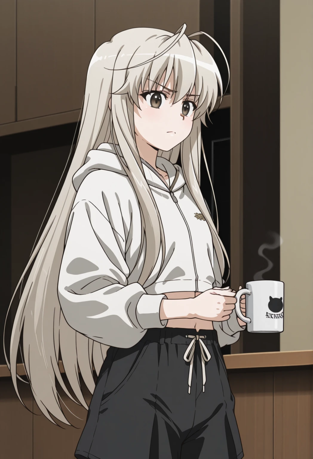 masterpiece, best quality, shiny hair, shiny skin, 1girl,  <lora:JulieSigtunaV2:0.8>, JulieSv2, dress shirt, pink panties, wariza, blush, cup, holding cup, drinking, mug, coffee table, indoors, upper body,  <lora:iwaza yuuko:1>,