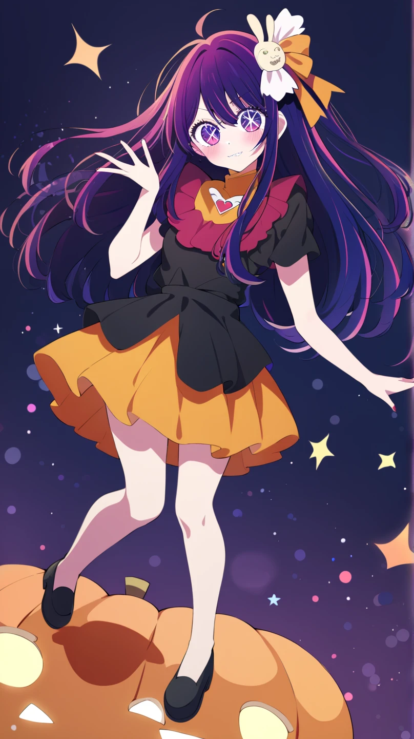 SDXL hoshino air/hoshino ai | Oshi no ko| Ai Hoshino| My favorite , source_anime, Atoms, Full body style, ( ( Halloween cosplay black and orange :1.3))