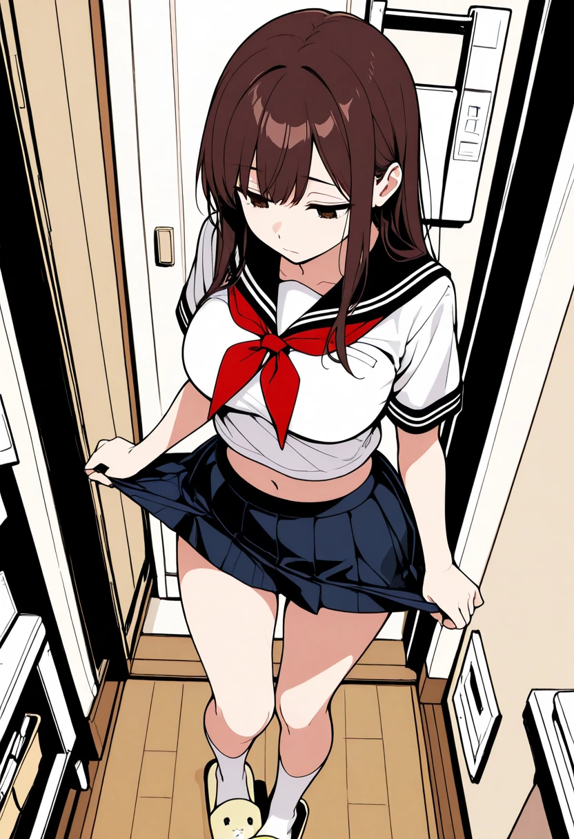 yukimi, 10., long hair, dull bangs, flat chest, No expression, shy, whole body, highest quality,  (randoseru red backpack:1.4), in a crowded train、There are a lot of guys around、In underwear、angle from below、kneel down、(small area white panties:1.4)、(masturbation:1.4)、(put your hand inside your pants:1.4)、Striped pattern、embarrassing、Transparent、
