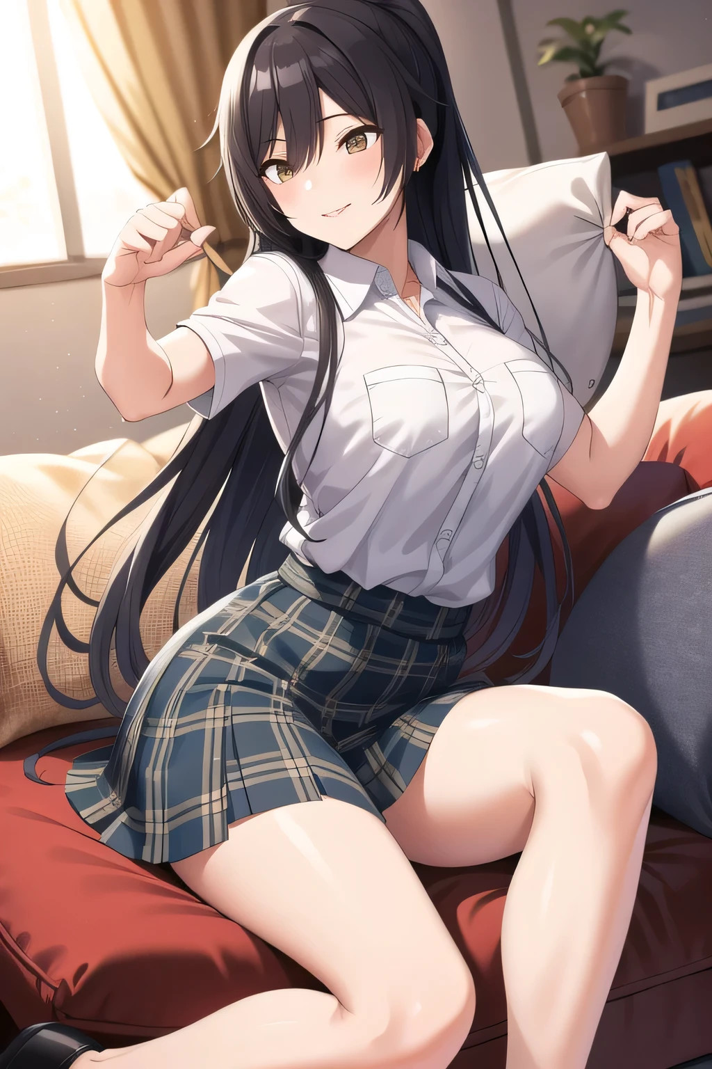 I want to throw a cushion while playing with everyone,。Can you draw,、Smiling lovely woman,I want to throw pillows while playing with everyone,Naughty、Throwing pillow女性を描けますか,I have a pillow in my hand,bedding,Throwing pillow,Building Interior,Please draw a picture of me fighting with everyone,black hair long hair ponytail,uniform ,Please draw a picture of a woman throwing more and more pillows {X} Please draw a picture of a woman throwing more and more pillows {X} Please draw a picture of me fighting with the pillow、playfully depicting her hands and feet,20-year-old adult female,face is absolutely necessary,Big breasts、tight waist,Can you draw a dark blue pleated skirt,please draw her expression more delicately,I have a cushion ,,