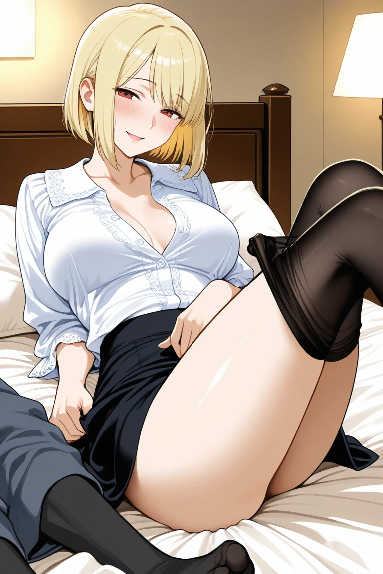 big breasts,Nipples,background(Hotel),semen(dripping from pussy,spread on the floor),condom(Scattered on the floor),Dialogue(Pink Heart),Double Peace Sign,Magazine Cover,vagina,penis,(Sweat:1.0),Anatomically correct,1 Girl, big breasts, Knee socks,alone, Thigh Boots, Black Skirt, Black footwear, (((masterpiece,High resolution,highest quality))), alone, Blonde Hair, behind, Watching the audience, Open your mouth, alone, blush, Wet clothes, heart, Raise the hand, Wet,short hair, transformation, White panties, Drooling