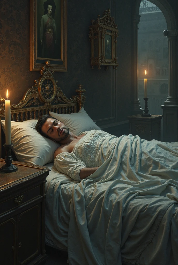 illustrates a 60 year old king bare-chested sleeping in his bed (white blanket no chest hair)