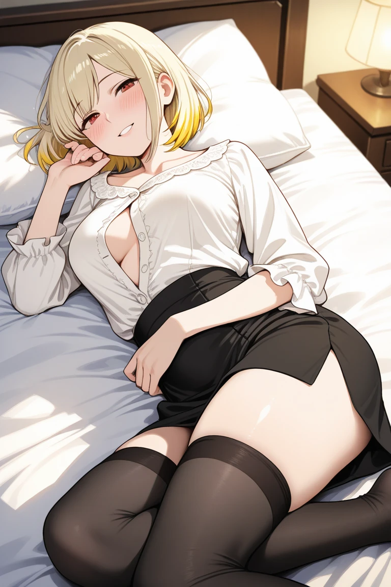nsfw,High resolution、High resolution、high quality、masterpiece、1 female、Ellen Baker、School classmates、18-year-old、high school girl、Slim and long beautiful legs、skinny、blonde、blue eyes、Bedroom、Lying on the bed、((open legs:1.5)),Standing on tiptoes,Knee Up、attractive way to sit、Cute pose、(((arms behind head:1.5))),blackboard、smile、((Head to toe))、((Close-up of a woman))、(((school uniform))),((White Shirt)),((Blue Neck Ribbon)),((Pleated skirt))、((((Black knee-length socks))))、loafers,show panty,Yellow-green panties、Award-winning design panties、((I was made to sit with my legs apart...))、((trembling:1.4))