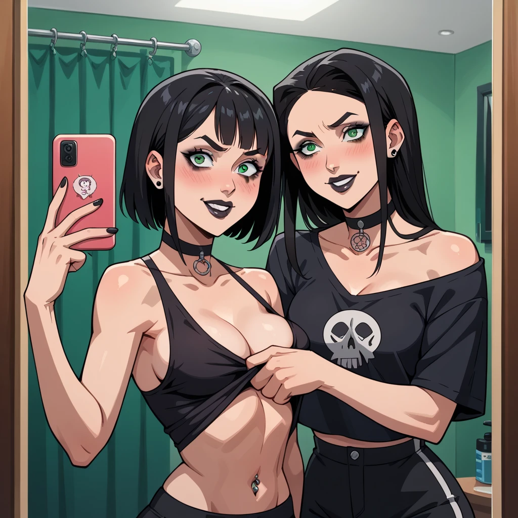 2 heads, a skinny girl with 2 heads. Inside a messy bedroom at night. Laying in bed, laying on stomach. Wearing pajamas. Straight black hair. Goth. Wearing black lipstick. Smiling. Enormous breasts. Thick thighs. Black lipstick. Seductive pose, aroused. Horny. Slutty. Blushing. Gigantic saggy tits. Smug expression. Selfie, POV selfie, taking selfies.