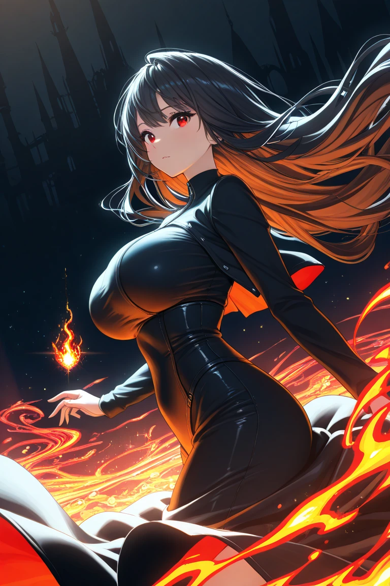 (Nico Robin), (One Piece), highest quality, (masterpiece:1.2), alone, open your mouth, smile, black hair, blue eyes, (huge breasts), (black lingerie), standing, looking at viewer, full body, from the front, cleavage, ((arms behind back)), (black background), particles, glowing particles, sparks, thick thighs, thigh highs, shiny skin,