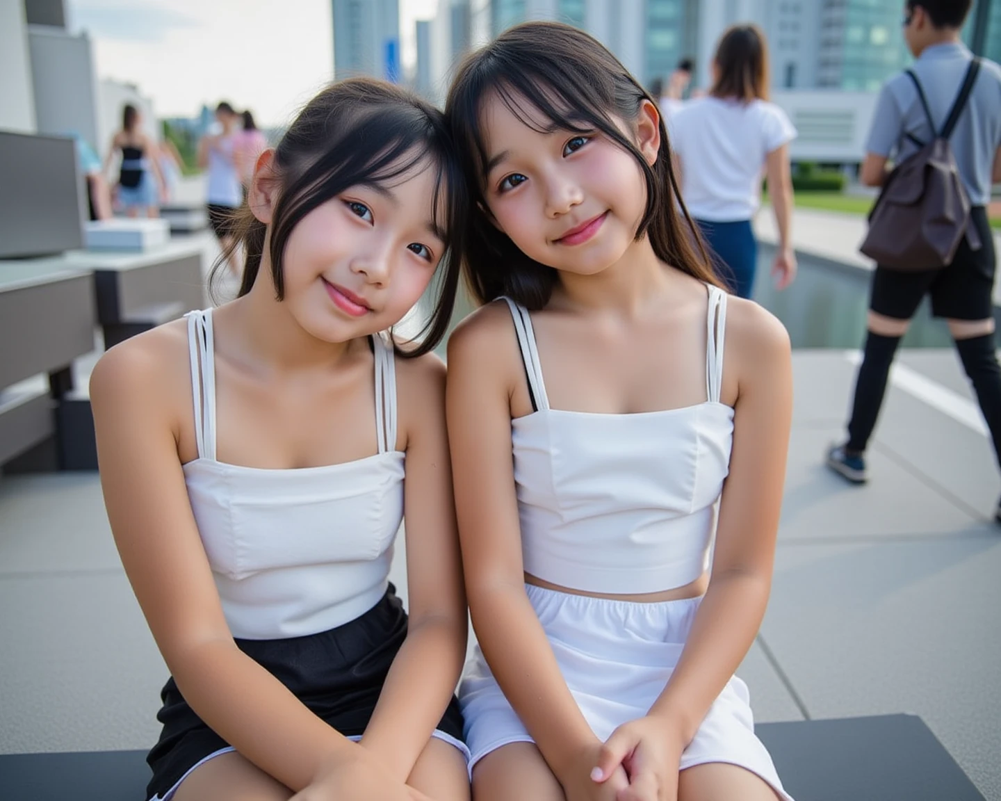 (2 girl) ((cute dress)) (summer dress) (slender body) (thin body), (blonde hair) (black eyes) (white skin) happy and confident expression. full body, ((Location: park)) long hair, (standing in the background), short girl, long straight hair, thin legs, flat chest, flat breasts. (happy, smile, cheerful), wearing randoseru backpack, (backpack:1.2)