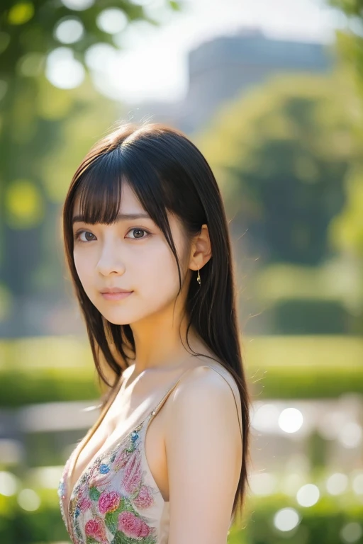 top-quality、8k picture、nsfw,navel,Film Portrait Photography, 1girl in, Bare shoulders, Wavy shoulder-length hair, Serene, Calm, (Realistic detailed eyes, Natural Skin Texture, Realistic face details), Soft dramatic lighting, depth of fields, Bokeh, vibrant detail, Finely detailed, hyper realisitic, 35mm Film, Hazy blur, filmg,